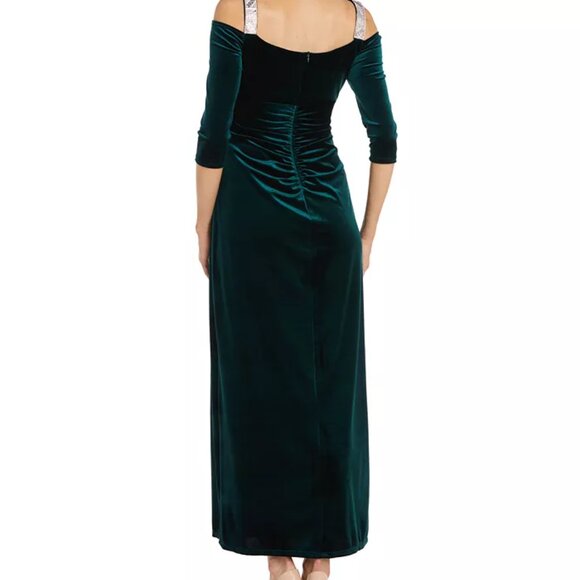 NWT R&M Richards Womens Hunter Green Velvet Cold Shoulder Sparkle Gown SIZE 16 - Picture 2 of 13